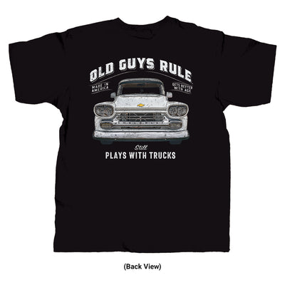 Old Guys Rule - Plays With Trucks - Black T-Shirt - Back View