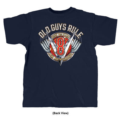 Old Guys Rule - V-8 High Mileage - Navy T-Shirt - Back View