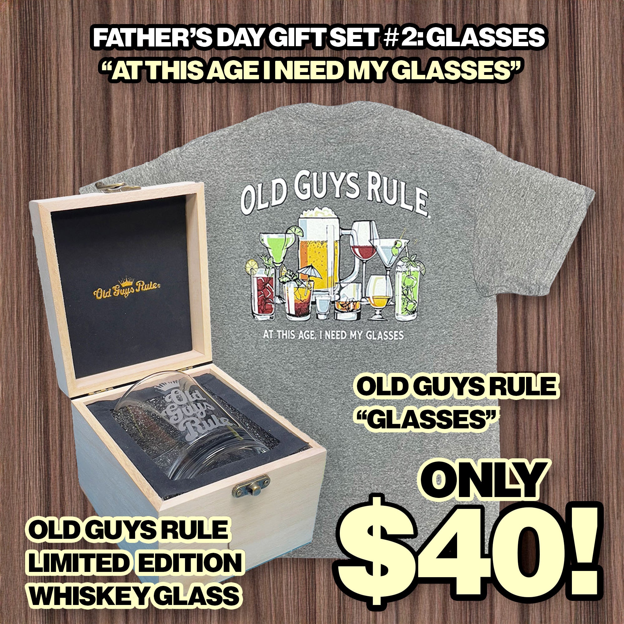 Father's Day Gift Set 2 - Whiskey Glass + Glasses T-Shirt